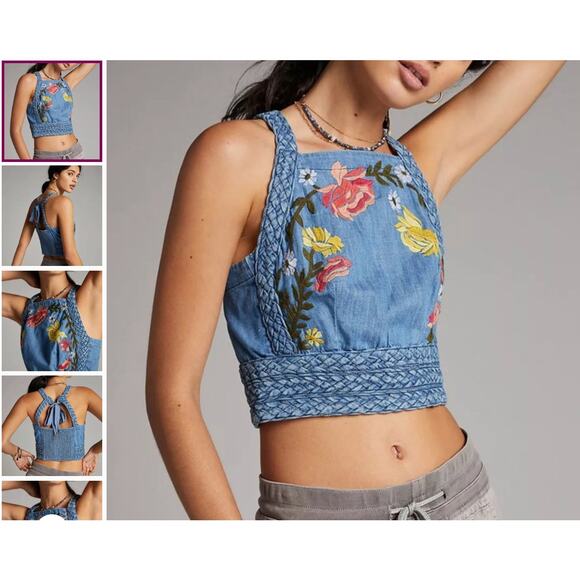 NWT Pilcro Anthropologie Embroidered Denim Cropped Top Womens Medium Floral - Picture 5 of 12